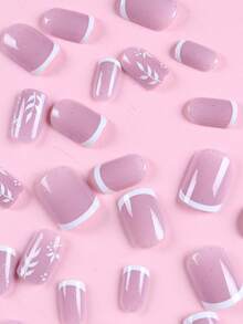 24入組短方形法式透明亮片假指甲和1支指甲銼和1片膠帶壓縮指甲，指甲用品 - 彩色 - 查看 3