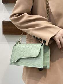 鱷魚壓紋翻蓋方包鏈條帶 - 綠色 - 查看 1