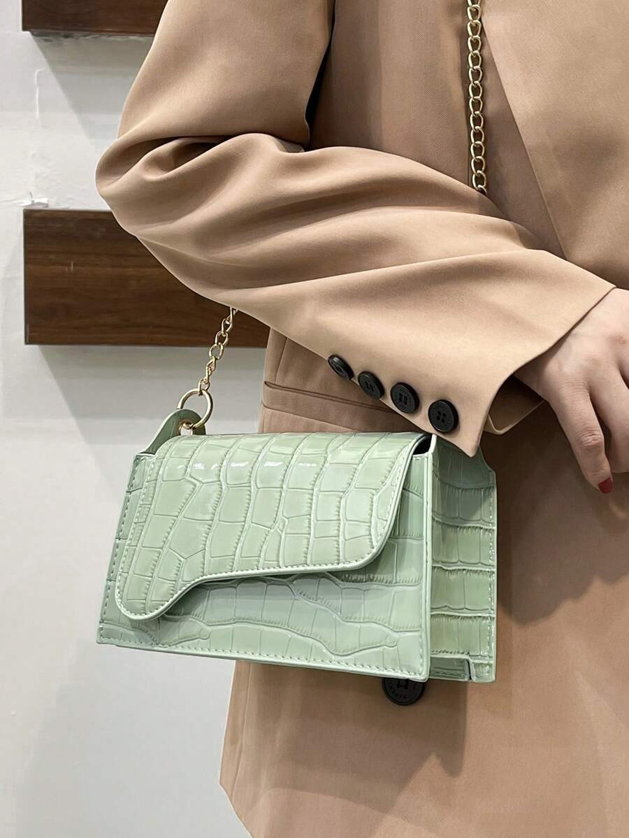 鱷魚壓紋翻蓋方包鏈條帶 - 綠色 - 查看 1