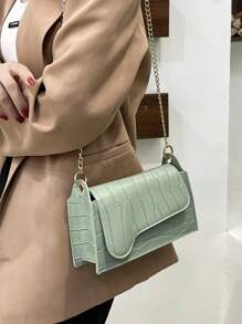 鱷魚壓紋翻蓋方包鏈條帶 - 綠色 - 查看 3