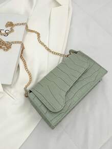 鱷魚壓紋翻蓋方包鏈條帶 - 綠色 - 查看 4