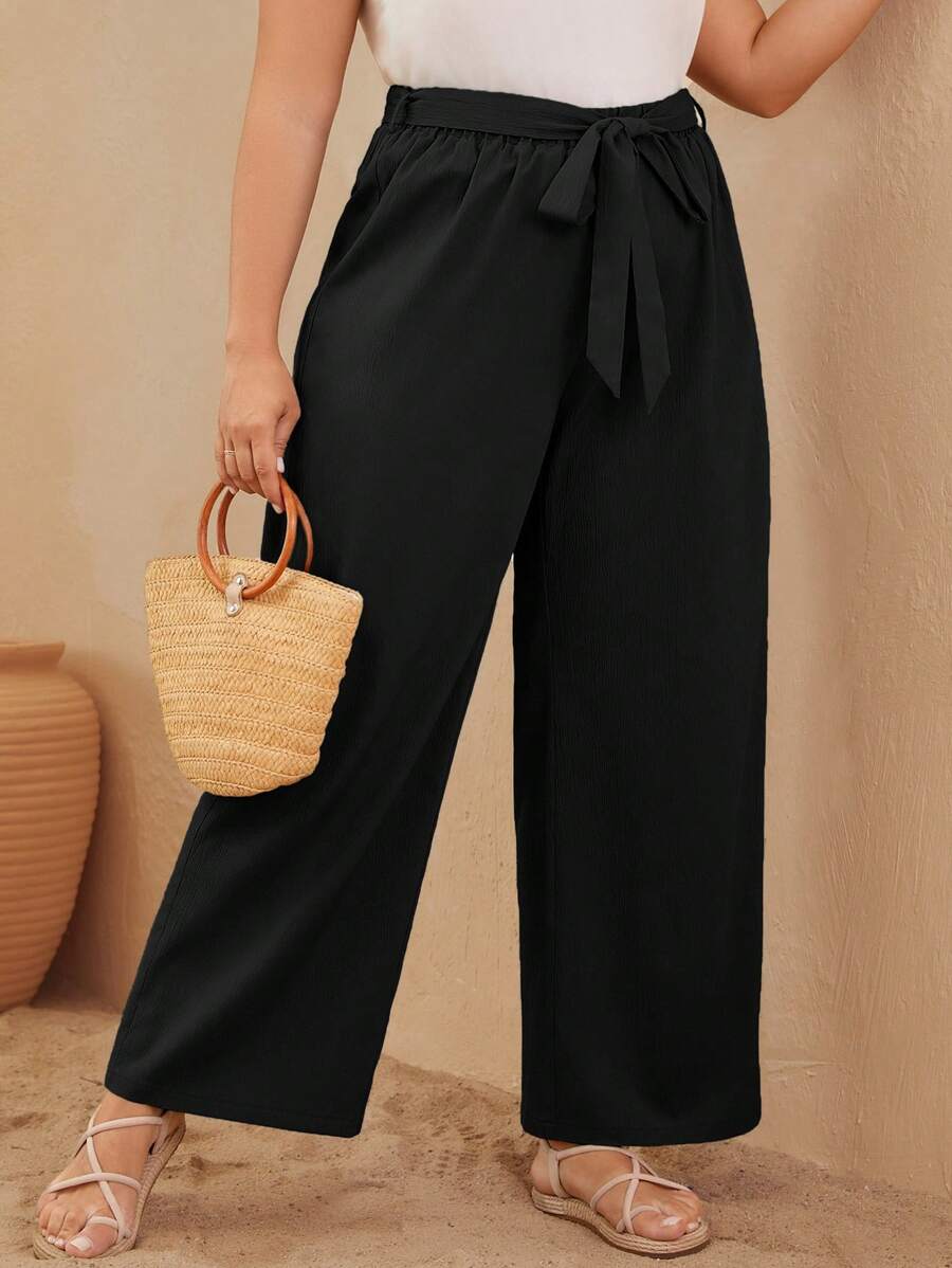 SHEIN LUNE 大碼素色腰帶闊腿褲 - 黑色 - 查看 1