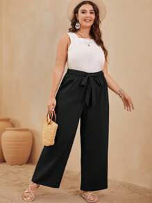 SHEIN LUNE 大碼素色腰帶闊腿褲 - 黑色 - 查看 3