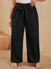 SHEIN LUNE 大碼素色腰帶闊腿褲 - 黑色 - 查看 4