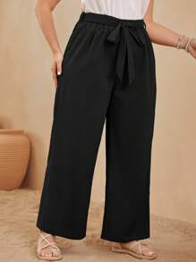 SHEIN LUNE 大碼素色腰帶闊腿褲 - 黑色 - 查看 6