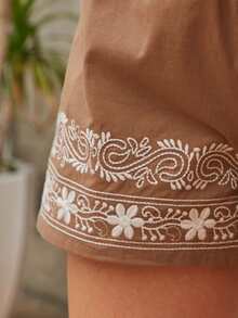 花卉刺繡彈性腰帶短褲 - 棕色 - 查看 5