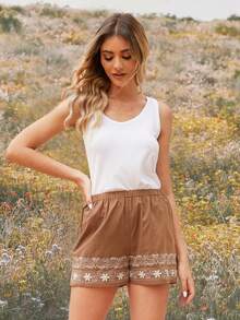 花卉刺繡彈性腰帶短褲 - 棕色 - 查看 6