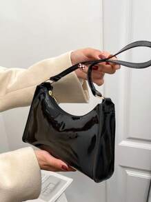 黑色法棍包帶拉鍊PU皮革優雅 - 黑色 - 查看 1