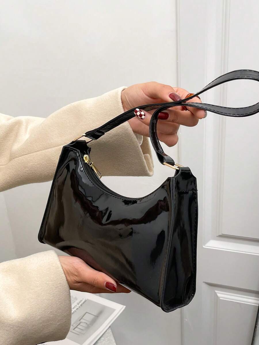 黑色法棍包帶拉鍊PU皮革優雅 - 黑色 - 查看 1