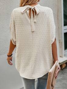 SHEIN Clasi Swiss Dot Batwing Sleeve Mock Neck Blouse - Apricot - View 2