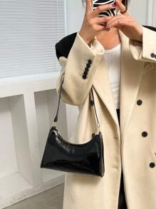 黑色法棍包帶拉鍊PU皮革優雅 - 黑色 - 查看 4