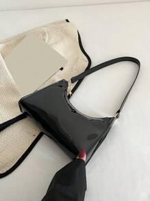 黑色法棍包帶拉鍊PU皮革優雅 - 黑色 - 查看 6