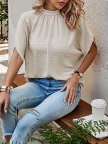 SHEIN Clasi Swiss Dot Batwing Sleeve Mock Neck Blouse - Apricot - View 5