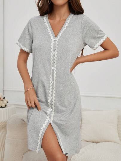 Verlichting Grijs Neck Button Front Sleepshirt Contrast Kanten Short Length