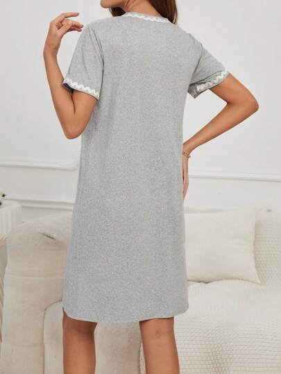 Verlichting Grijs Neck Button Front Sleepshirt Contrast Kanten Short Length view 2