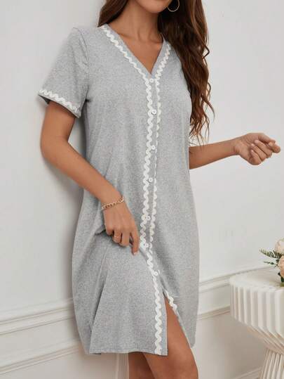Verlichting Grijs Neck Button Front Sleepshirt Contrast Kanten Short Length view 3