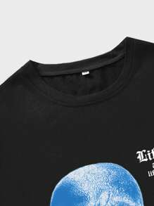 ROMWE MEN Street Life Men Slogan & Skeleton Print Drop Shoulder Tee For Halloween, School - Black - View 4
