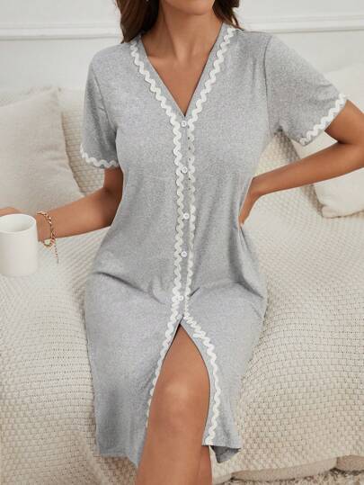 Verlichting Grijs Neck Button Front Sleepshirt Contrast Kanten Short Length view 4