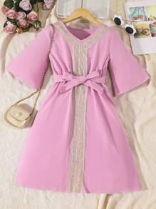Girls Contrast Guipure Lace Belted Dress - Pink - View 1