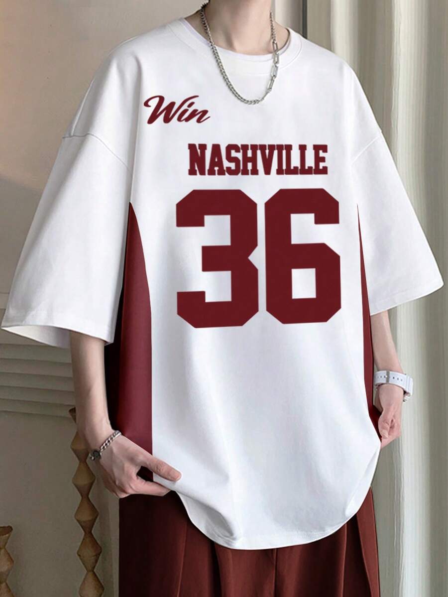 Aesthetic Post--Loose Fit Men's Two Tone Tee With Letter Graphic - White - View 1