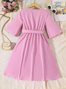 Girls Contrast Guipure Lace Belted Dress - Pink - View 2