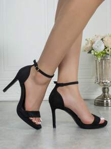 春夏女士细高跟凉鞋，优雅黑色仿麂皮踝带凉鞋 - 黑色 - 查看 4