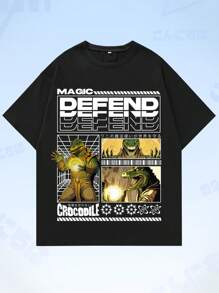 ROMWE MEN Anime Hombres Camiseta con estampado de letra - Negro - Ver 1