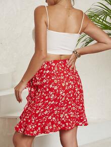 Floral Print Knot Side Ruffle Trim Wrap Skirt - Red - View 2
