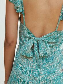 滿版印花荷葉邊闊腿連體褲 - 綠色 - 查看 3