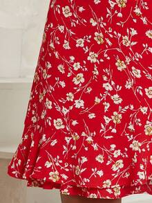 Floral Print Knot Side Ruffle Trim Wrap Skirt - Red - View 5