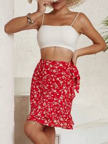 Floral Print Knot Side Ruffle Trim Wrap Skirt - Red - View 6