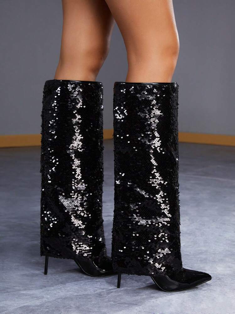 รองเท้าผู้หญิงแต่งด้วยลูกปัดประกายเงา ปลายแหลม ส้นสูง เซ็กซี่ หนังเทียมสีดำแบบคลาสสิก บูตสำหรับวันวาเลนไทน์ - สีดำ - ดู 1