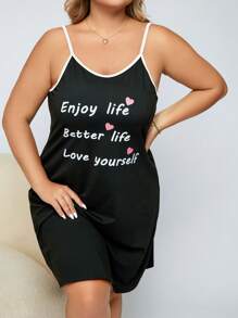 大碼愛心和標語圖案吊帶睡裙