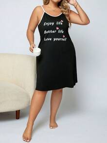 大碼愛心和標語圖案吊帶睡裙