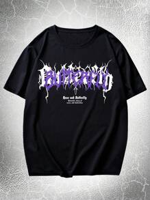 ROMWE MEN Grunge Punk Men Slogan & Butterfly Print Tee, School, 2000s Style - Black - View 2