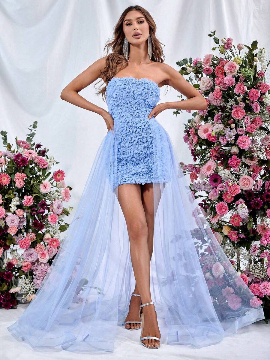 貼花網紗抹胸連衣裙 - 藍色 - 查看 1