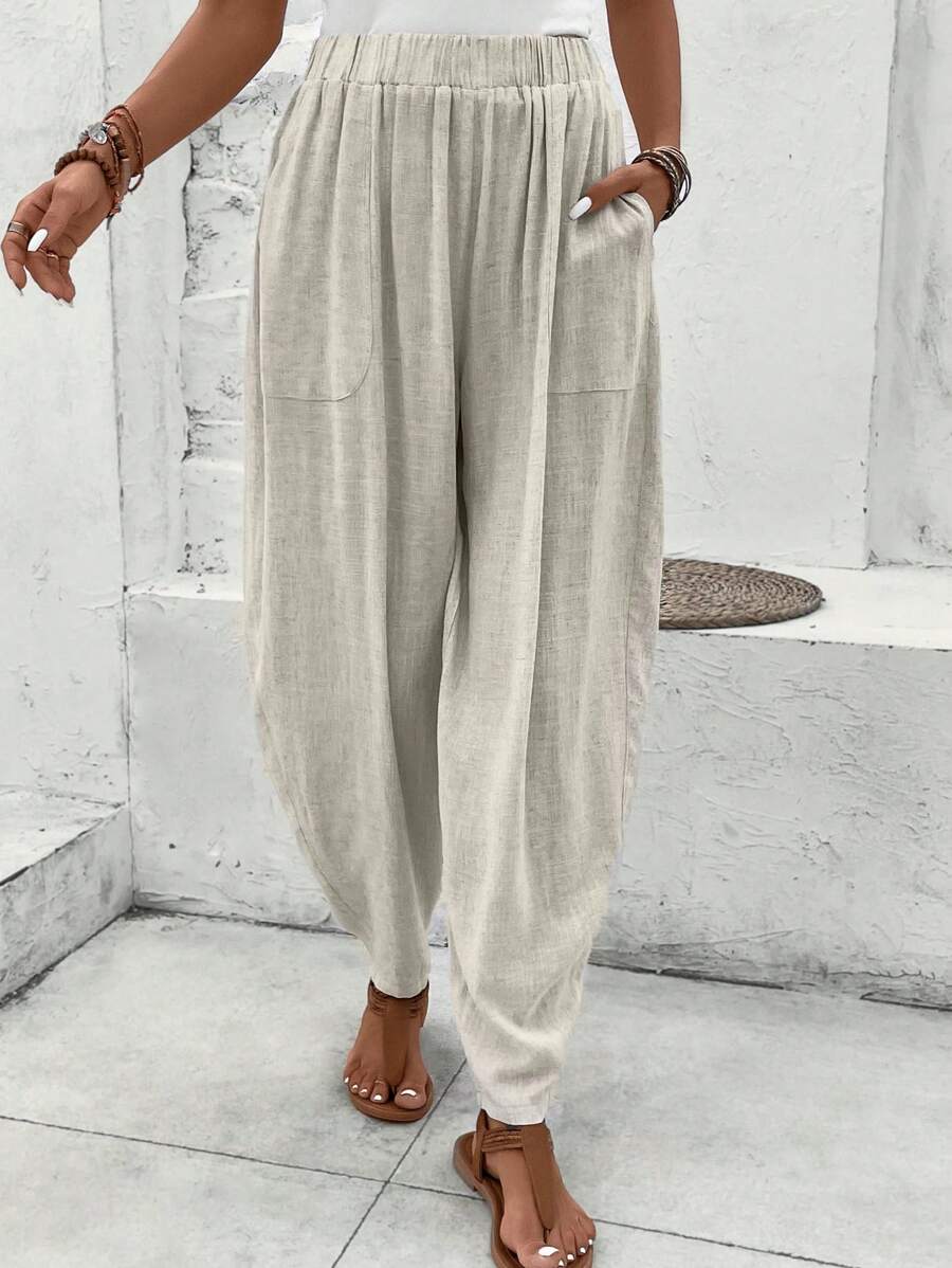 SHEIN LUNE Solid Dual Pocket Trousers - Apricot - View 1