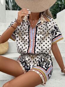 SHEIN VCAY Tropical Print Blouse & Shorts - White - View 6