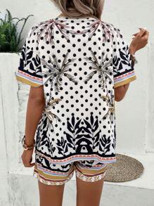 SHEIN VCAY Tropical Print Blouse & Shorts - White - View 2