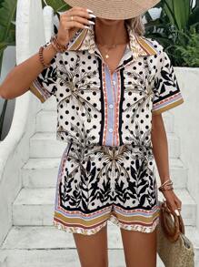 SHEIN VCAY Tropical Print Blouse & Shorts - White - View 3