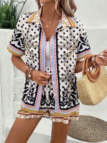 SHEIN VCAY Tropical Print Blouse & Shorts - White - View 4