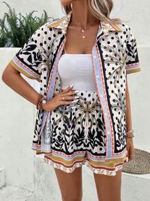 SHEIN VCAY Tropical Print Blouse & Shorts - White - View 5