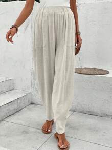 SHEIN LUNE Solid Dual Pocket Trousers - Apricot - View 5