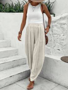 SHEIN LUNE Solid Dual Pocket Trousers - Apricot - View 6