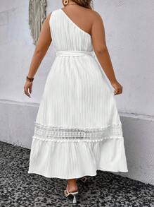 SHEIN Holidaya Đầm Plus Size Thắt lưng Tương phản ren Viên lá sen màu trơn Giải trí - trắng - Xem 2