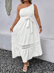 SHEIN Holidaya Đầm Plus Size Thắt lưng Tương phản ren Viên lá sen màu trơn Giải trí - trắng - Xem 3