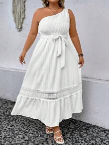 SHEIN Holidaya Đầm Plus Size Thắt lưng Tương phản ren Viên lá sen màu trơn Giải trí - trắng - Xem 5