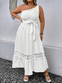 SHEIN Holidaya Đầm Plus Size Thắt lưng Tương phản ren Viên lá sen màu trơn Giải trí - trắng - Xem 6
