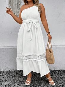 SHEIN Holidaya Đầm Plus Size Thắt lưng Tương phản ren Viên lá sen màu trơn Giải trí - trắng - Xem 8