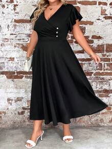 Calvaya 大碼蝴蝶袖紐扣細節連衣裙 - 黑色 - 查看 1